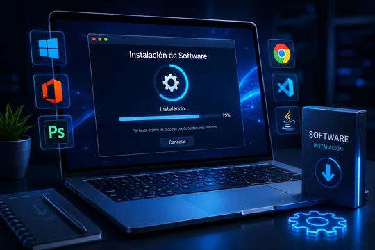 Portátil mostrando la instalación de software, rodeado de iconos de Windows, Office, navegadores y programas de diseño