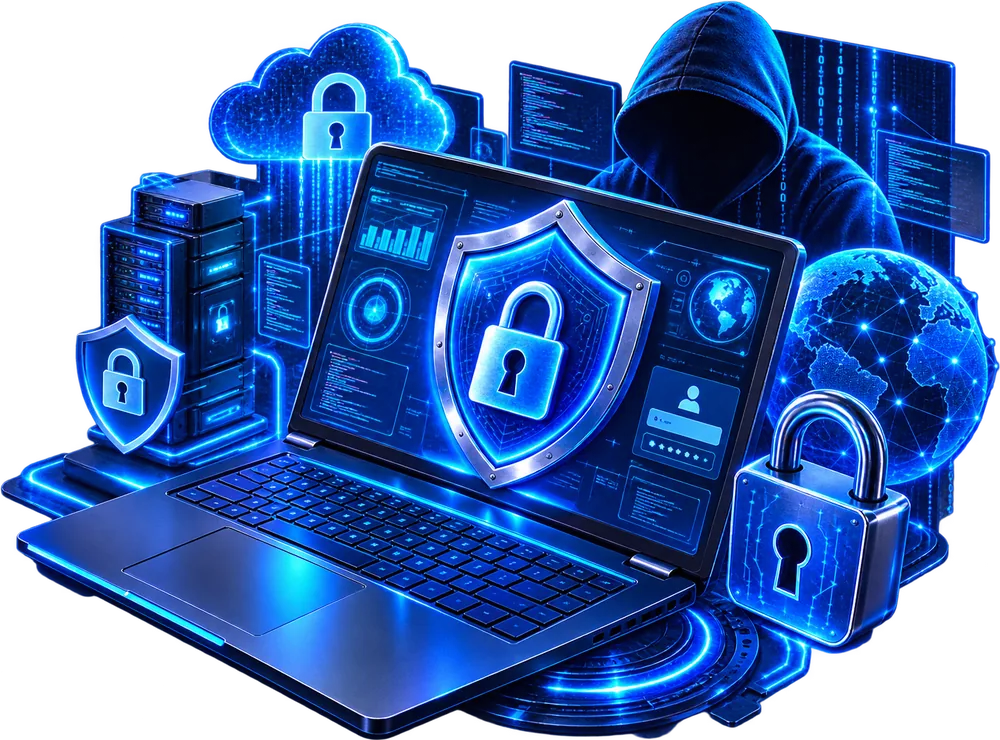 Ilustración de seguridad informática con portátil, escudo y candados