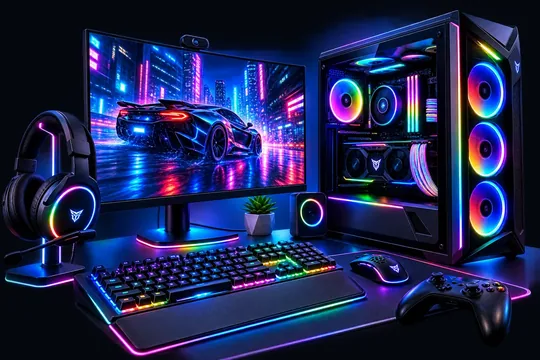Set gamer completo con iluminación RGB, monitor, teclado y torre